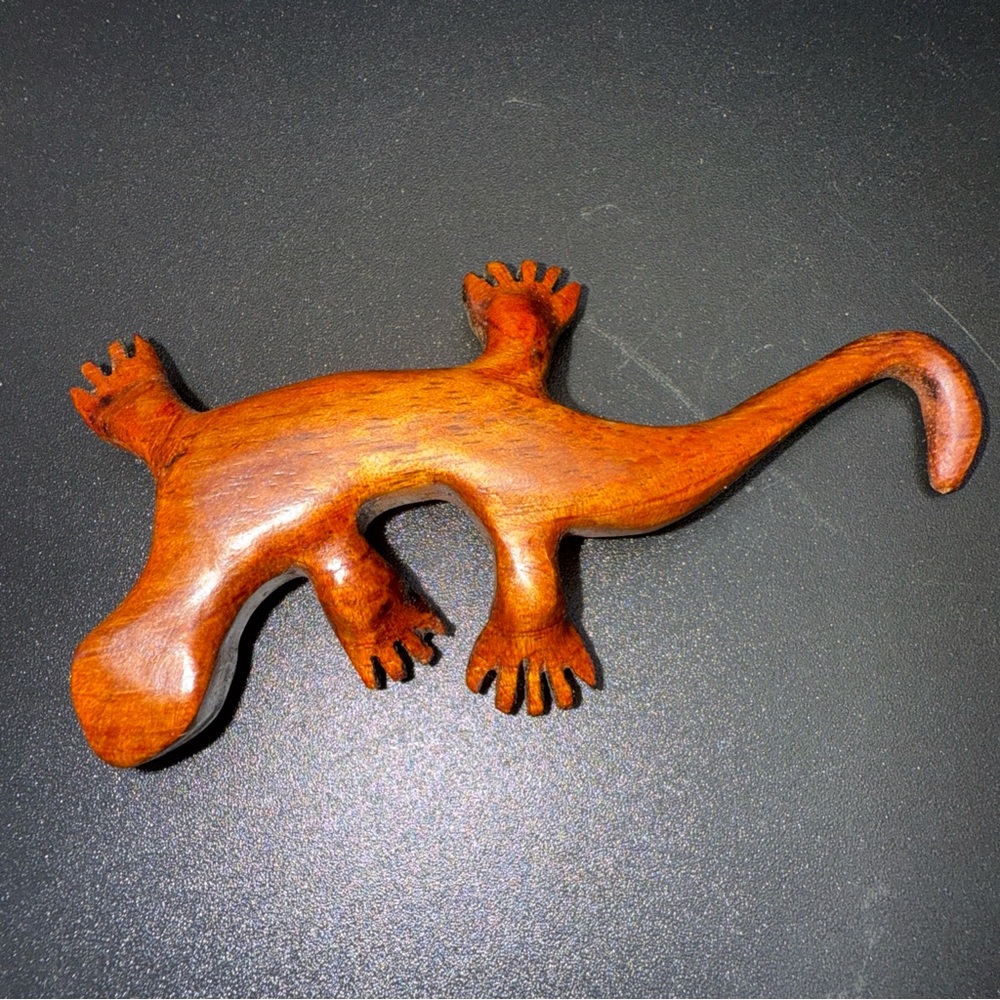 Vintage Carved Wood Lizard Pin Brooch Signed
